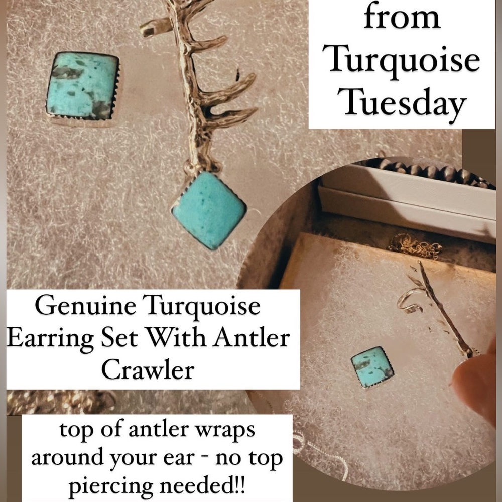 Genuine Turquoise and Silver Antler Crawler Earring Set